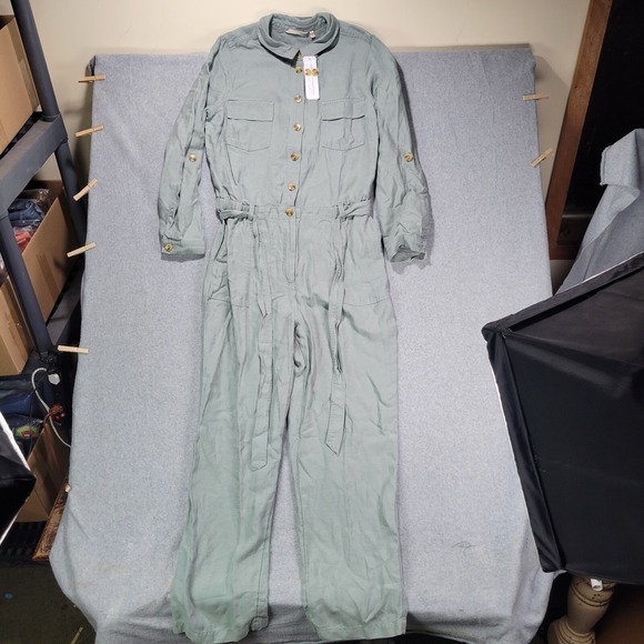 Soft Surroundings Jumpsuit Womens 12 Green Linen Kerry Coastal Resort Cruise - Picture 2 of 16